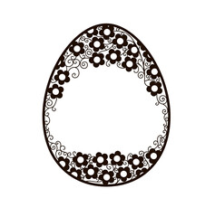 The Easter egg is drawn with a black outline, monograms and daisies are drawn inside, there is a place for your text. Stock vector illustration isolated on a white background.