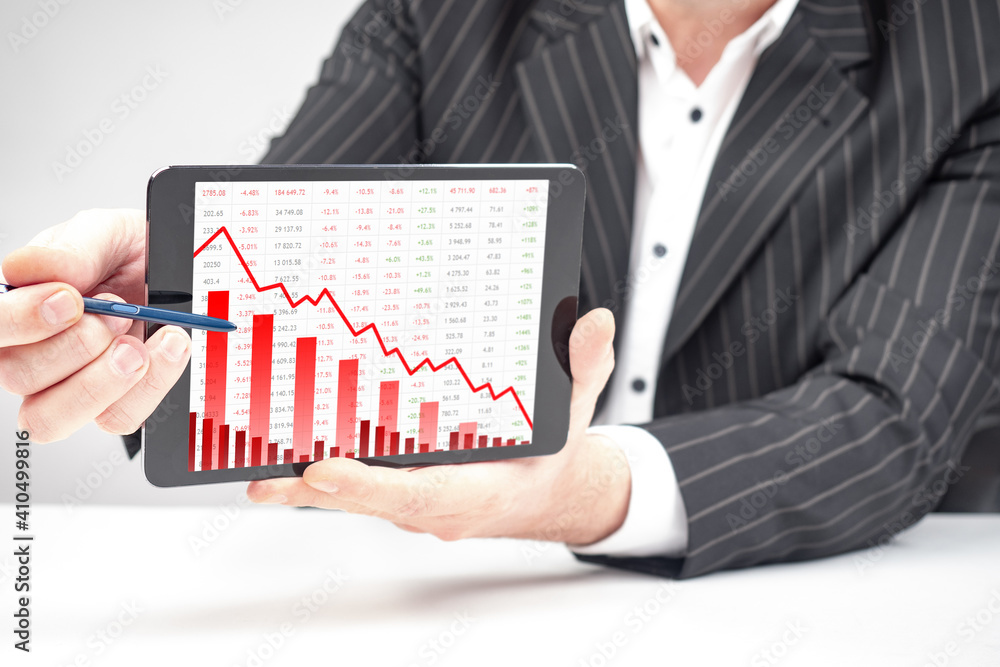 Poster trader shows correction chart tablet screen. concept of correction stock market due to trading short