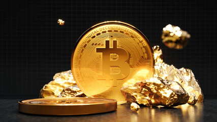 Bitcoin golden coin with gold. Digital currency. Cryptocurrency concept. Money and finance symbol. Crypto illustration. 3D rendering.