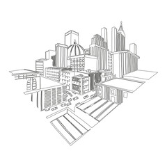 Vector illustration of the city in line art style. Hand drawn icon and symbol for print on t-shirt, poster, sticker, card design. Doodle design element.