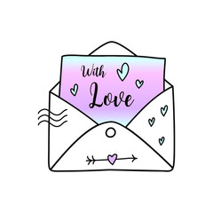 Valentines day badge design with envelope, hearts and quote - With love. Trending holographic colors. Stock vector label isolated