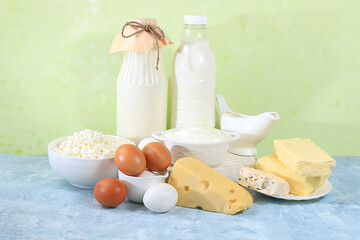 Assorted fresh dairy products, healthy breakfast with ingredients, natural nutrition concept,...