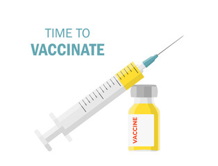 Vaccination concept flat vector illustration isolated on white background. Coronavirus vaccine. Covid-19 injection. Vaccine vial and syringe.