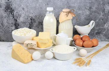 Assorted fresh dairy products, healthy breakfast with ingredients, natural nutrition concept, maintaining healthy intestinal microflora, diet nutrition, rustic table,