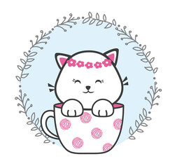 Cute little kitty inside cup of coffee. Happy cat illustration.