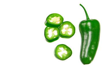 sliced jalapeno peppers isolated on white background. Green chili pepper. Capsicum annuum. top view