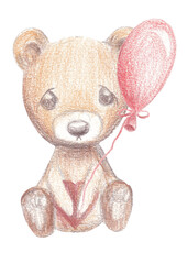 Hand drawn brown bear with heart, balloons