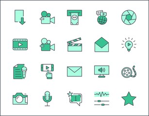 International Film Day Set Line Vector Icons. Contains such Icons as Clapperboard, Camera, Video, Play, Film, Lens, Microphone, Media settings and more. Editable Stroke. 32x32 Pixel Perfect
