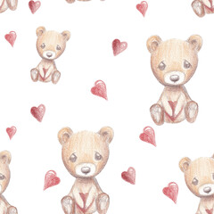 Hand drawn brown bear with heart, balloons