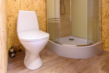 Bathroom in a wooden house, toilet and shower