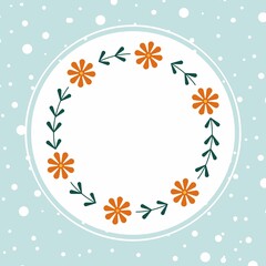 Obraz premium Hand drawn floral oval frame wreath with orange chamomiles on blue background