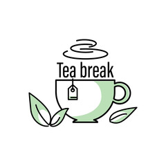Tea break. Green tea. Icon. Cup with mint. Tea cup with green fresh mint leaves. Glyph style for mobile and web. Vector graphic illustration   isolated on white background.