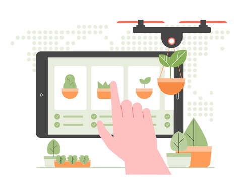 Modern agriculture. Robot drone is engaged in planting seeds, new trees. Forest restoration. Device screen with plant selection. Remote control of planting. Smart farm. Vector flat illustration.