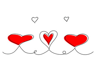 Abstract illustration. Red hearts line. Hand drawing. Valentine's day, love, Birthday, Weeding. Isolated on white. Vector illustration.