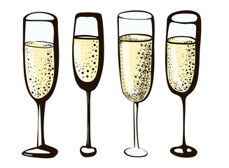 Vector doodle set of champagne wine glasses colored ink illustration of wineglasses drink line on white background