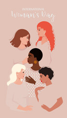 8 March, Woman’s Day greeting card. Women of different nationalities and cultures. Vector illustration in flat style
