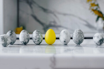 Marble Yellow Easter Eggs Marble Background. Gray. Happy Easter.