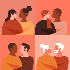 ethnic and sexual diversity of couples together giving each other a hug.