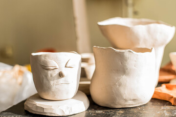 Pottery studio. pottery cley object in an artist's workshop waiting to be processed
