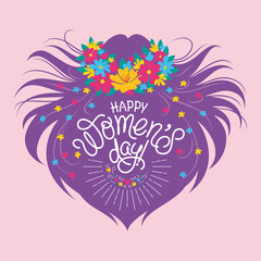 Beautiful poster for international women's day with lettering, a woman's head with a wreath of flowers and flying hair. Vector illustration, postcard, flyer, invitation
