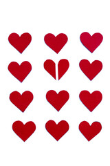 Set of red hearts on white background, saint valentine's day symbol