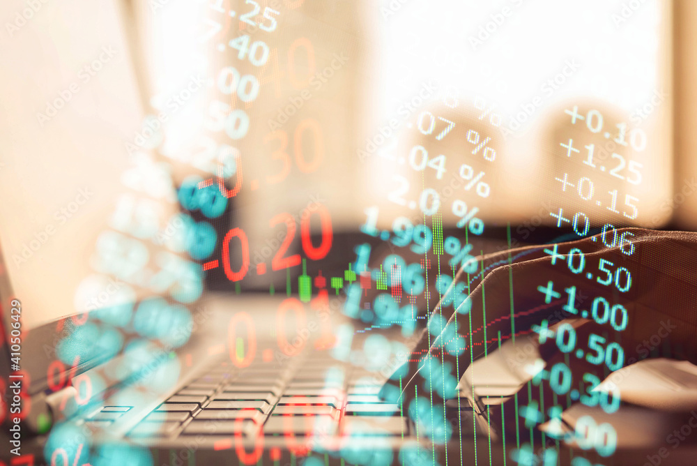 Poster stock market data on digital led display. fundamental and technical analysis with candle stick graph