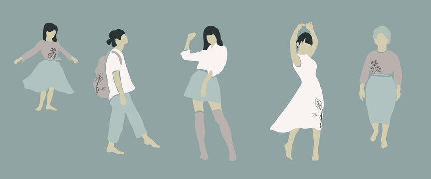 Silhouettes of Asian women of different ages with botanical elements. Asian child, young girl, young, elderly woman. Trendy minimalistic feminist vector illustration. Beautiful ladies, pastel palette