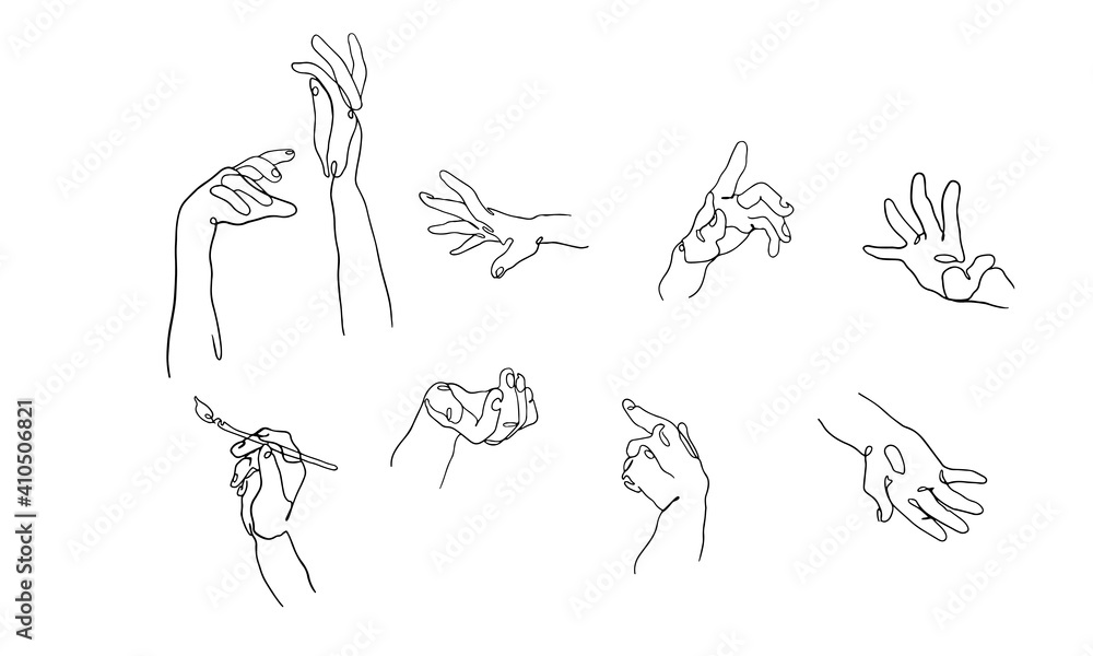 Wall mural Hand gestures. Vector set of line art hands. Modern trendy illustration of hands for clipart, presentations, cards, stickers. Abstract aesthetic collection of hands pointing in different directions.