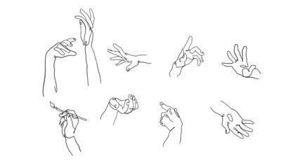 Hand gestures. Vector set of line art hands. Modern trendy illustration of hands for clipart, presentations, cards, stickers. Abstract aesthetic collection of hands pointing in different directions.