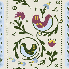 Colorful Scandinavian seamless pattern with birds. Floral, abstract illustration. Ideal for brand identity, greeting card, wrapping paper, wallpaper, presentation. Botanic animalistic print for fabric
