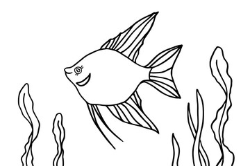 Fish and algae in the water. Aquarium. Can be used for coloring book for kids. Vector illustration.