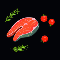 Salmon fillet with rosemary and cherry tomatoes on a black background. Healthy lifestyle. Healthy seafood composition for restaurant menu, recipe