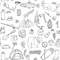 Obraz premium hiking in the forest, tourism seamless pattern. Summer camping, fishing. Hand drawing outline.