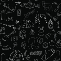 hiking in the forest, tourism seamless pattern. Summer camping, fishing. Hand drawing outline.