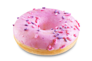 Pink donut with pink and purple sprinkles on a white isolated background