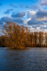 Flood on the Rhine between Cologne and Leverkusen, Germany.