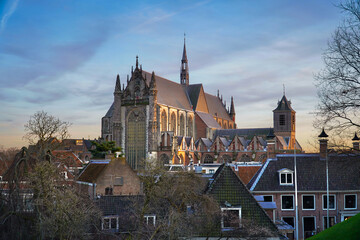 Fototapeta na wymiar Sunset view of the church in Leiden city.