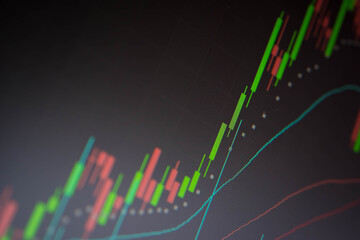 Stock market data on digital LED display. Fundamental and technical analysis with candle stick...