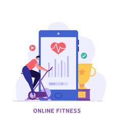 Man on a stationary bike doing sports at home. Concept of online fitness, online gym, workout at home, video exercise, smart sports equipment. Vector illustration in flat design for ui, web banner