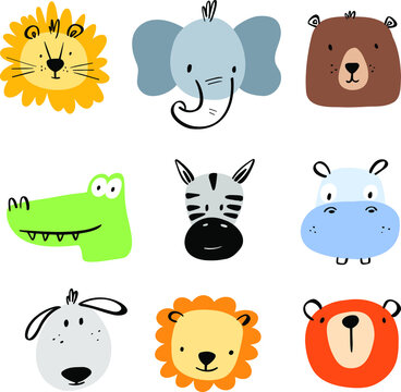 Set of cute simple hand drawn animals heads 