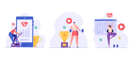 Man on a stationary bike, athlete with a barbell, woman doing yoga. Concept of online fitness, online gym, workout at home, video exercise, smart sports equipment. Vector illustration in flat design
