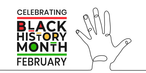 Celebrating Black History Month February banner. Vector illustration of continuous line drawing of human palm open gesture. Design template for national holiday poster or card