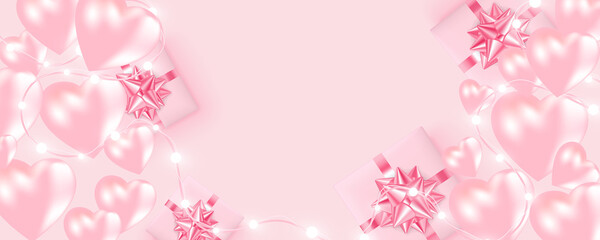 Fototapeta na wymiar Happy Valentine's Day banner with shining lights garland, light bulbs, hearts, gift box on pink background. Valentine's Day card.