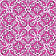 Bright seamless diagonal pattern, curly stars from rhombuses, magenta color background.