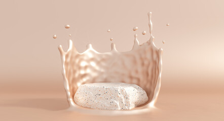 Stone product podim with beige liquid cream splash. Cream fluid flow for cosmetics showcase. 3d rendering podium mockup.