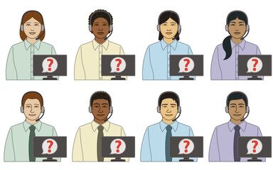 Fototapeta na wymiar diversity, race, ethnicity of IT call supporter vector icons, male and female, wearing headset with computer monitor showing question mark in word bubble, isolated on a white background