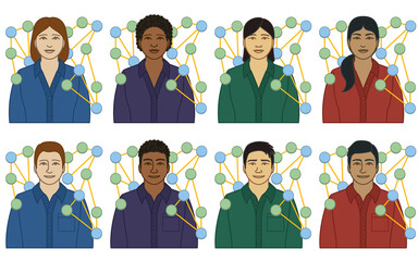 diversity, race, ethnicity of IT services network architect vector icons, male and female, with spheres representing technology connected by lines, isolated on a white background