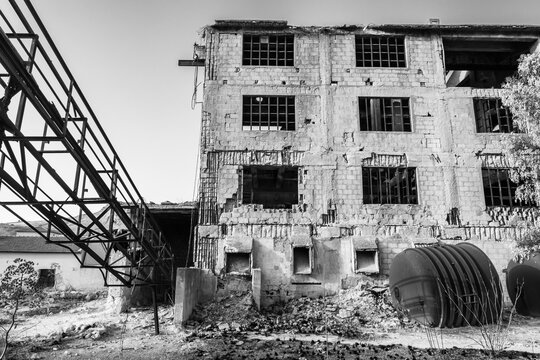 Abandoned sulphur mining complex Trabia Tallarita in Riesi, Sicily, Italy