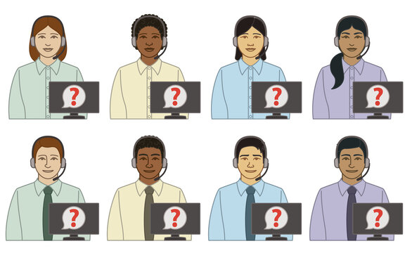 Diversity, Race, Ethnicity Of IT Call Supporter Vector Icons, Male And Female, Wearing Headset With Computer Monitor Showing Question Mark In Word Bubble, Isolated On A White Background