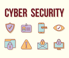 cyber security lettering and and set of cyber security icons